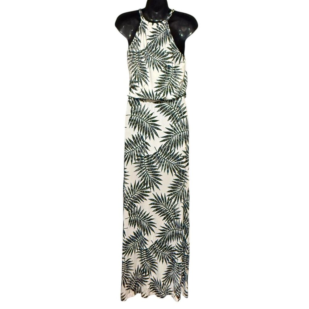 C&C California sz S Palm Leaf Print Halter Tropical Maxi Dress Black White - Picture 3 of 9
